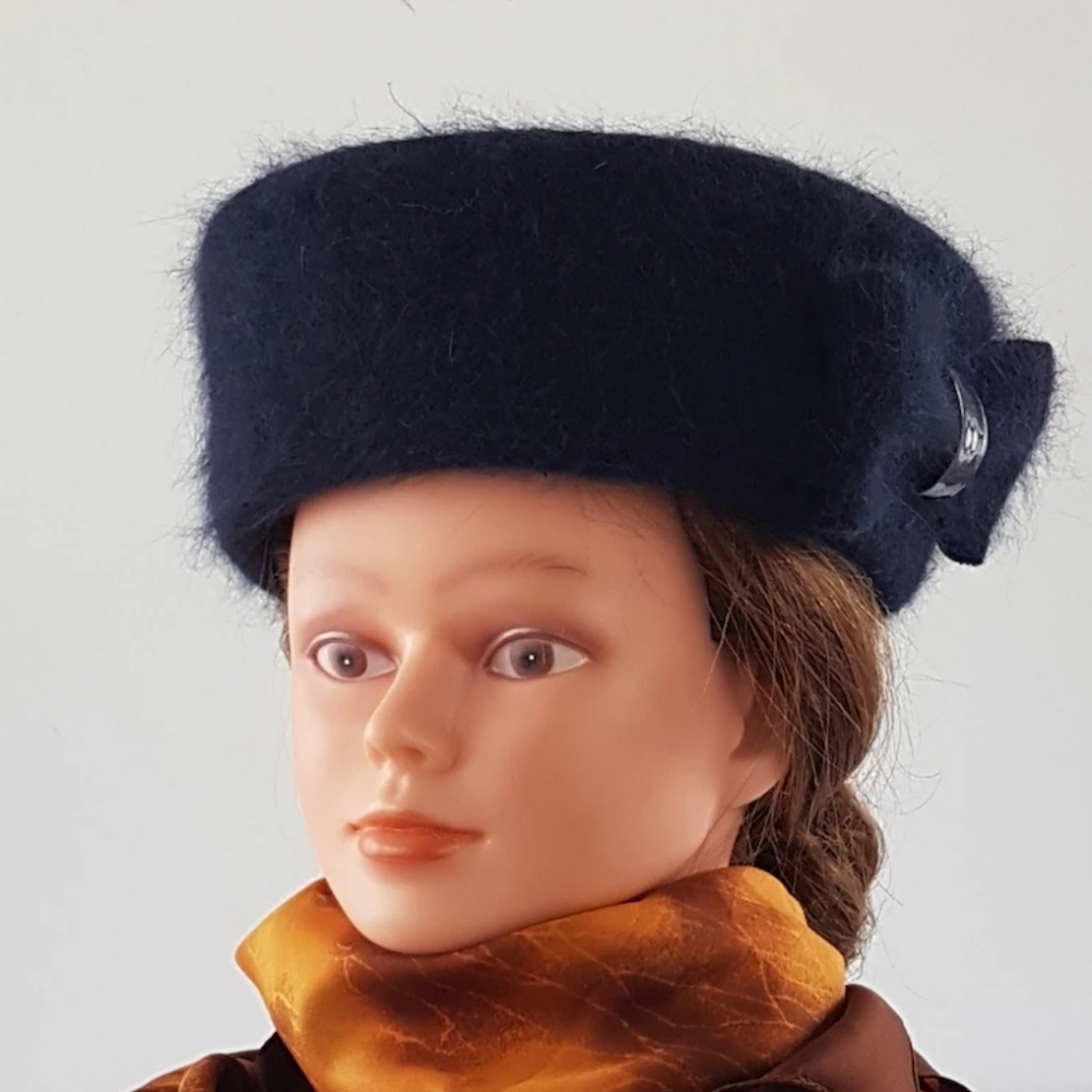 Vintage Angora Hat: Navy Blue Bow, Made in Italy (20.5"/52cm)